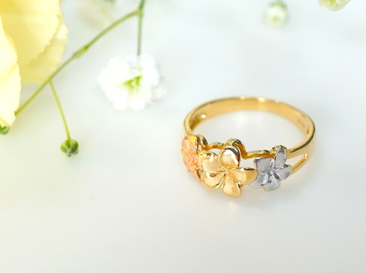 14K 3カラープルメリアリング