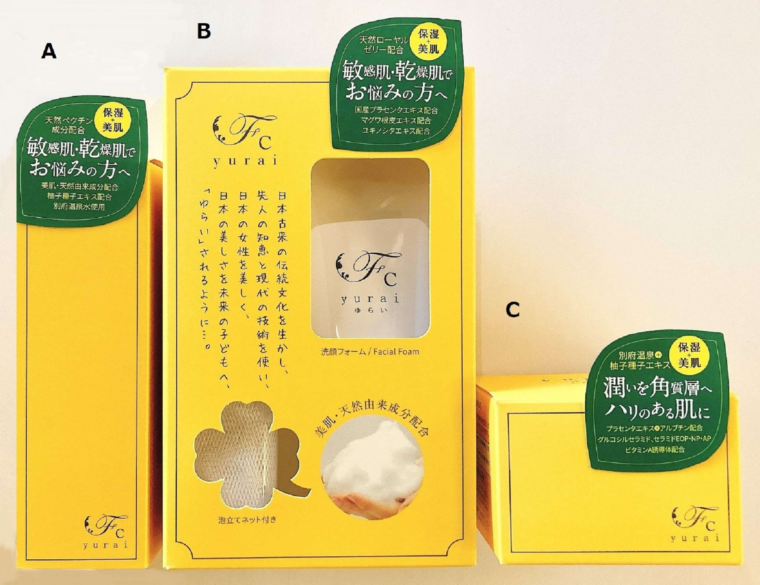 A:ゆらい化粧水 B：ゆらい洗顔石鹸 C：ゆらい美容クリーム